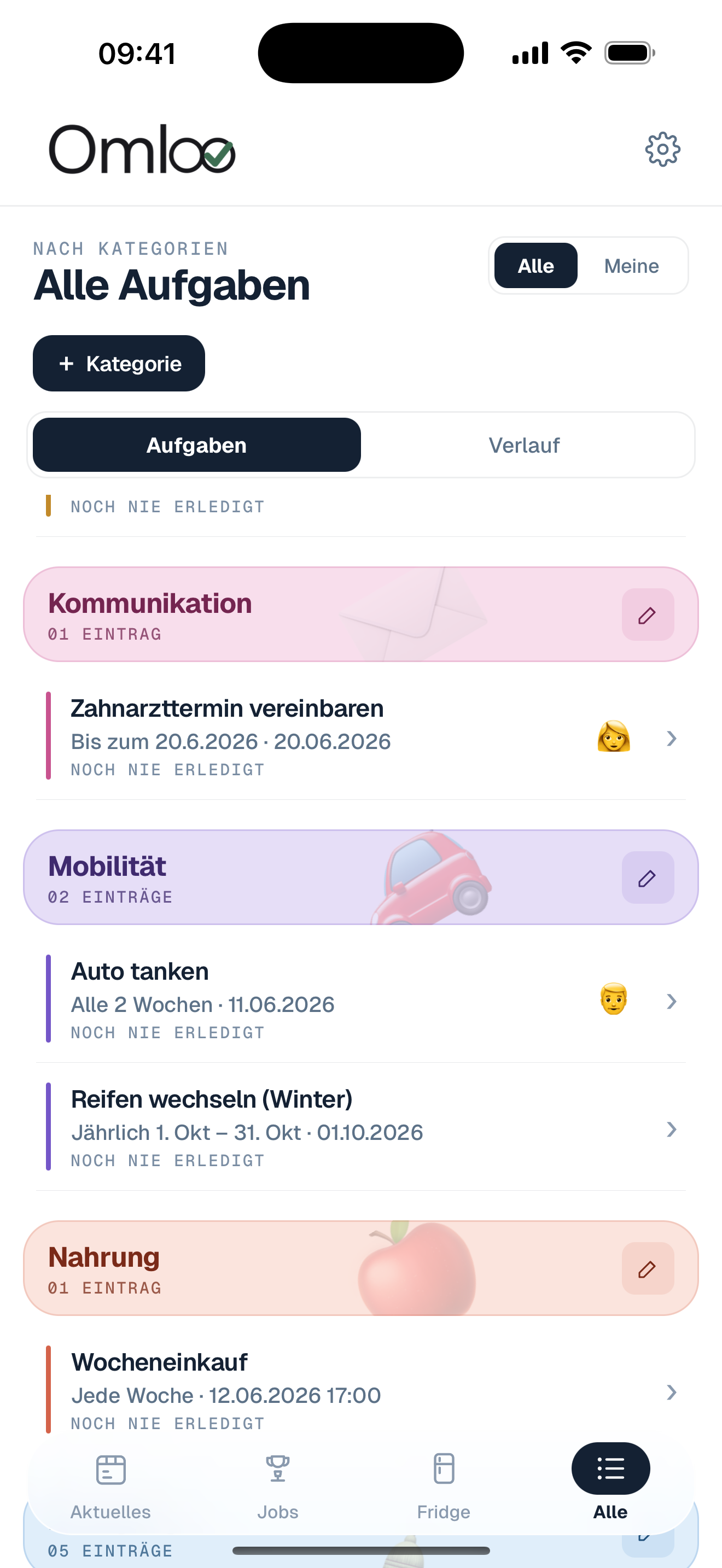 Omloo — Alle Aufgaben nach Kategorien
