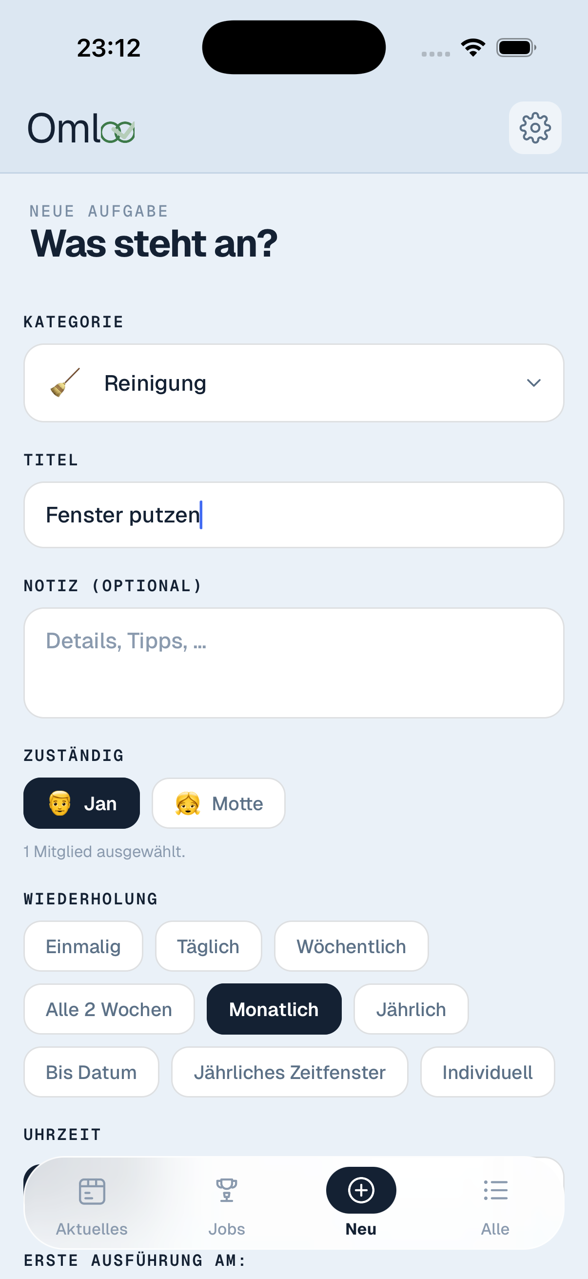 Omloo — Aufgabe anlegen