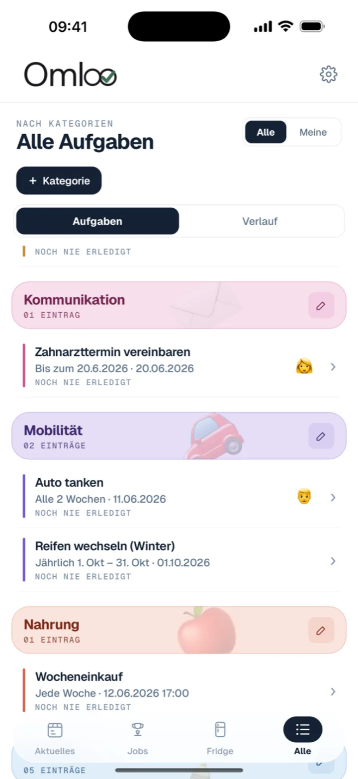Omloo — Alle Aufgaben nach Kategorien