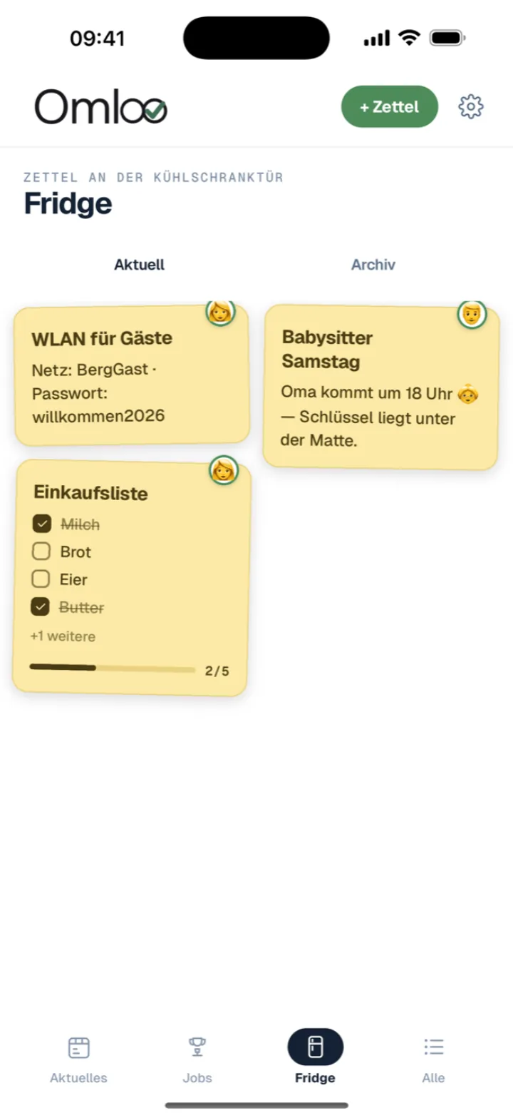 Omloo — die Kühlschranktür mit Notizen und Checklisten