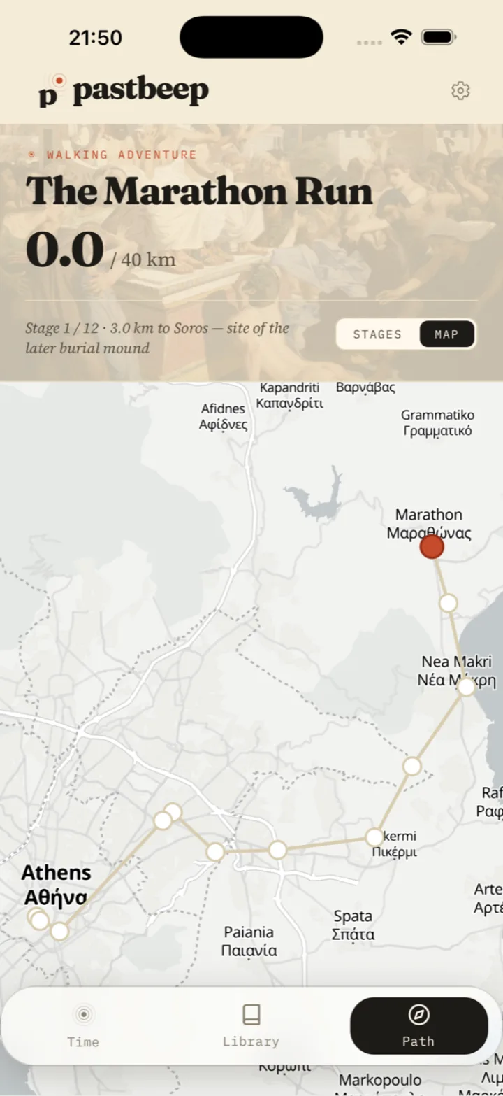 Pastbeep — walkable adventure with map